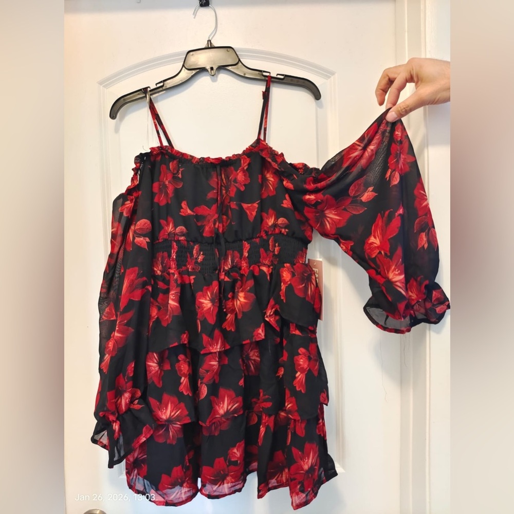 Faded Rose Women's Dress Size L Black & Red Long Sleeves Elastic Waist - Picture 3 of 7
